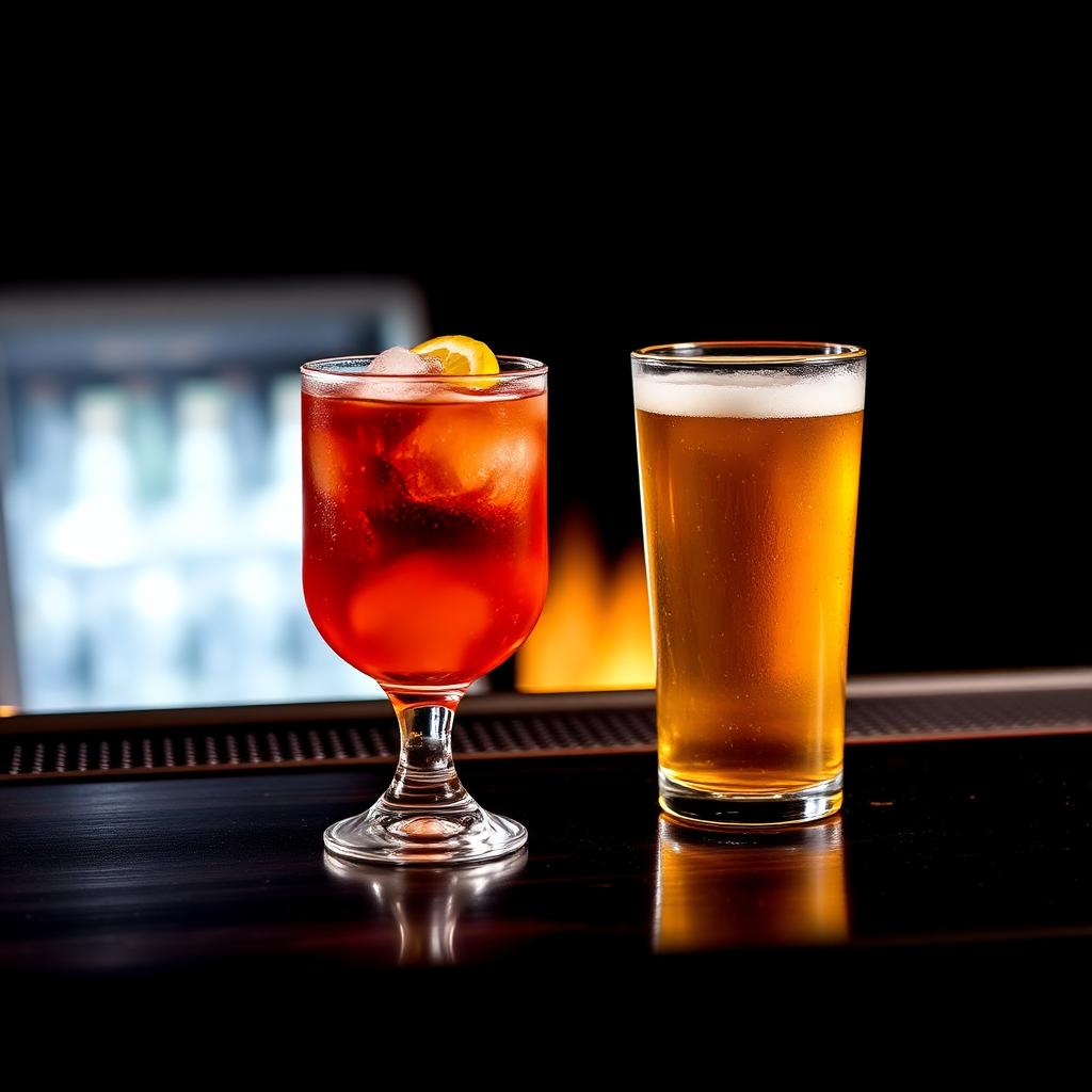 Cocktail and a cold beer on the bar counter